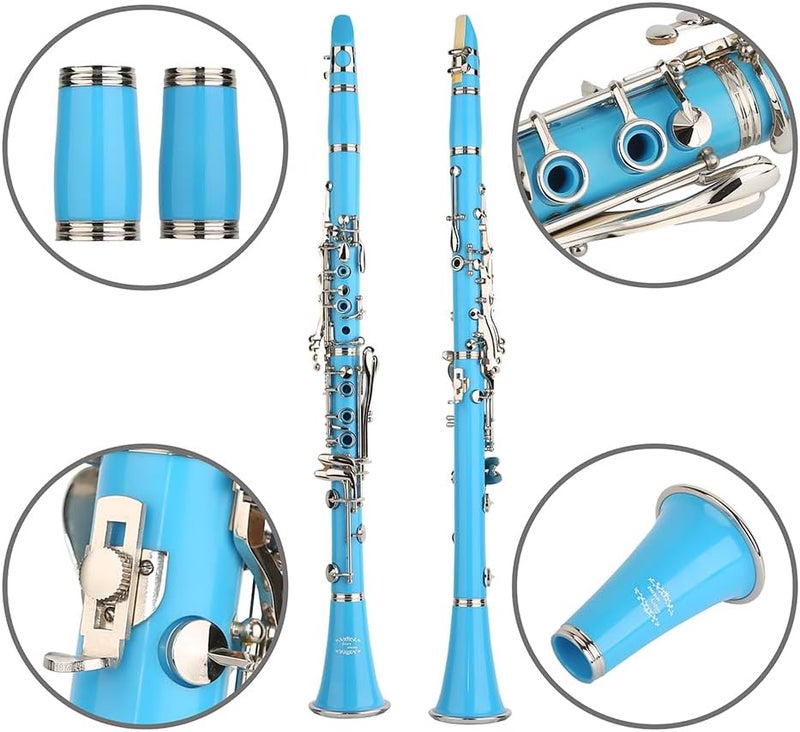 Glory GLY-CLALB Professional Ebonite Bb Clarinet with 10 Reeds, Stand, Hard Case, Cleaning Cloth, Mouthpiece Brush and Pad Brush,Light Blue/Silver - Image 2